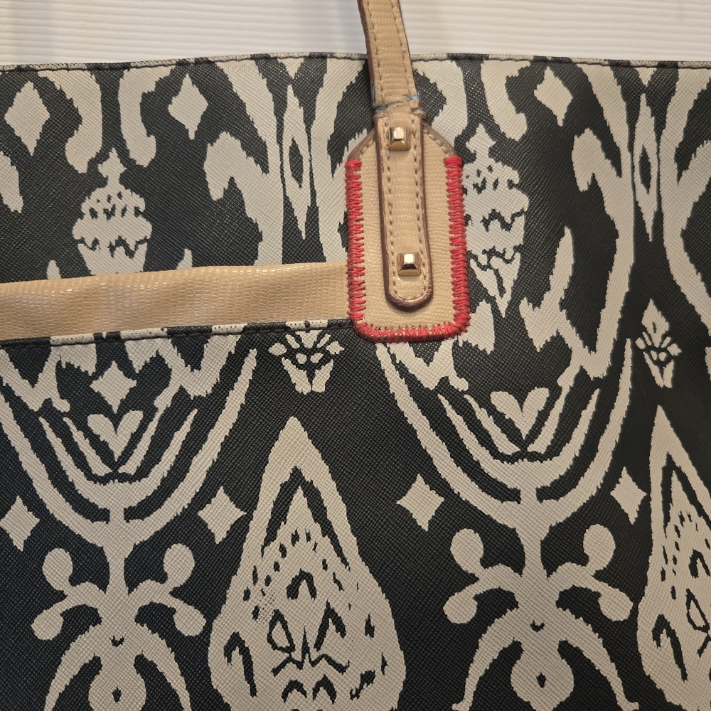 STELLA & DOT large La Totale top zipper tassel tote bag Black Ikat Pattern purse - Picture 2 of 10